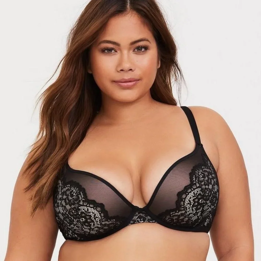 Torrid Plunge Push-Up Scallop Lace Straight Back Bra Black & Nude 46D - Picture 1 of 7